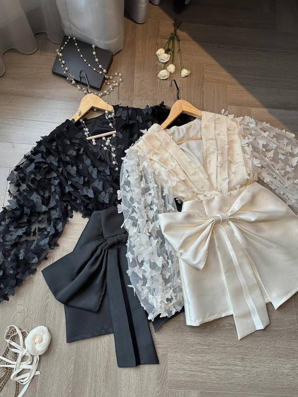 BASIC.CHIC Set áo hồ điệp + chân váy tafta nơ eo 2 màu đen trắng 4