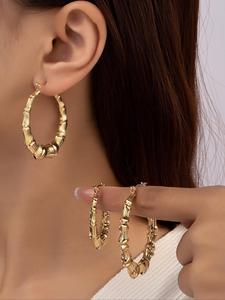 3 Pairs Textured Bamboo Design Hoop Earrings, Fashionable Alloy Earrings Jewelry for Women, Daily Use Fashion Accessories for Party