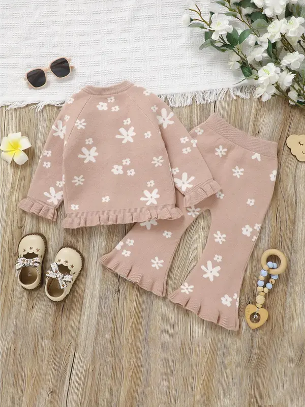 Toddler Girl's 2pcs Floral Print Button Front Cardigan Jacket & Ruffle Hem Flare Leg Pants Set, Casual Cute 2 Piece Outfits for Little Girls Spring & Fall, Kids Clothes, Co-ord Set Outfits, Comfy Outfits, Girls Clothing Sets, Kids Clothing 5