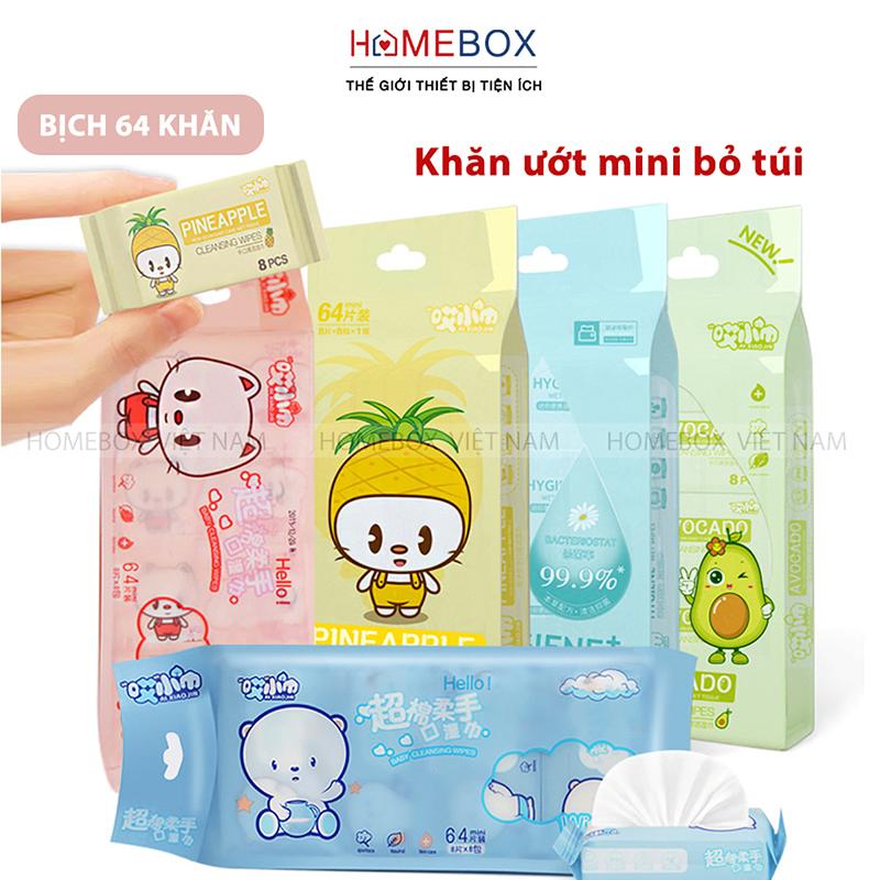 BỊCH 64 Khăn Giấy Ướt Mini Hoạt Hình Cao Cấp Tiện Lợi, Khăn ướt bỏ túi du lịch, đi làm, đi học... Dùng một lần Giấy Ăn Nhà Tắm