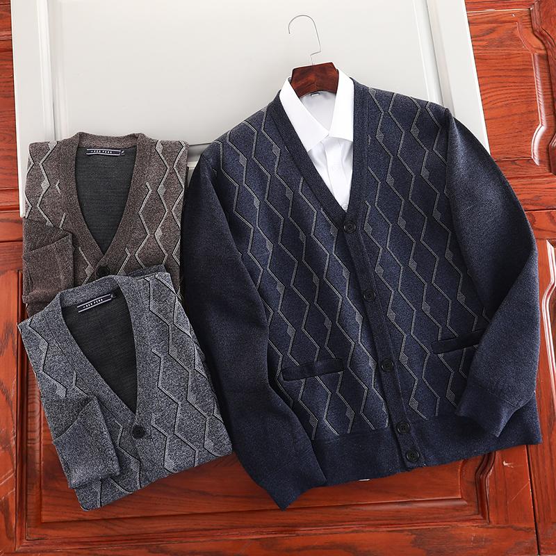 Áo len cho bố chất liệu len dệt kim dày ấm, áo khoác len nam trung tuổi Menswear Menswear Xám, áo len nam trung niên, áo khoác cardigan nam trung niên