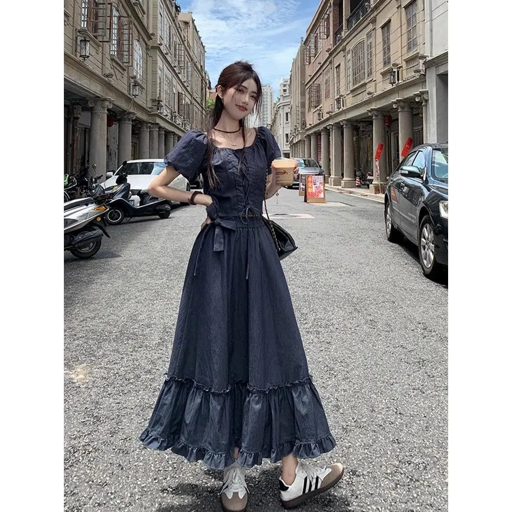 Bộ Đồ Hai Mảnh Phong Cách Hàn Quốc, Thiết Kế Dễ Phối Đồ Áo Bong Bóng Buộc Dây Mới, Váy Cạp Cao Dài Trung Bình Thích Hợp Cho Mùa Hè Nữ Top Women