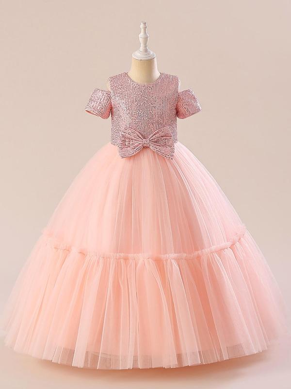 Girl's Contrast Sequin Bow Decor Tulle Dress, Elegant Round Neck Short Sleeve Fit & Flare Dress for Party, Kids Clothes for All Seasons 7
