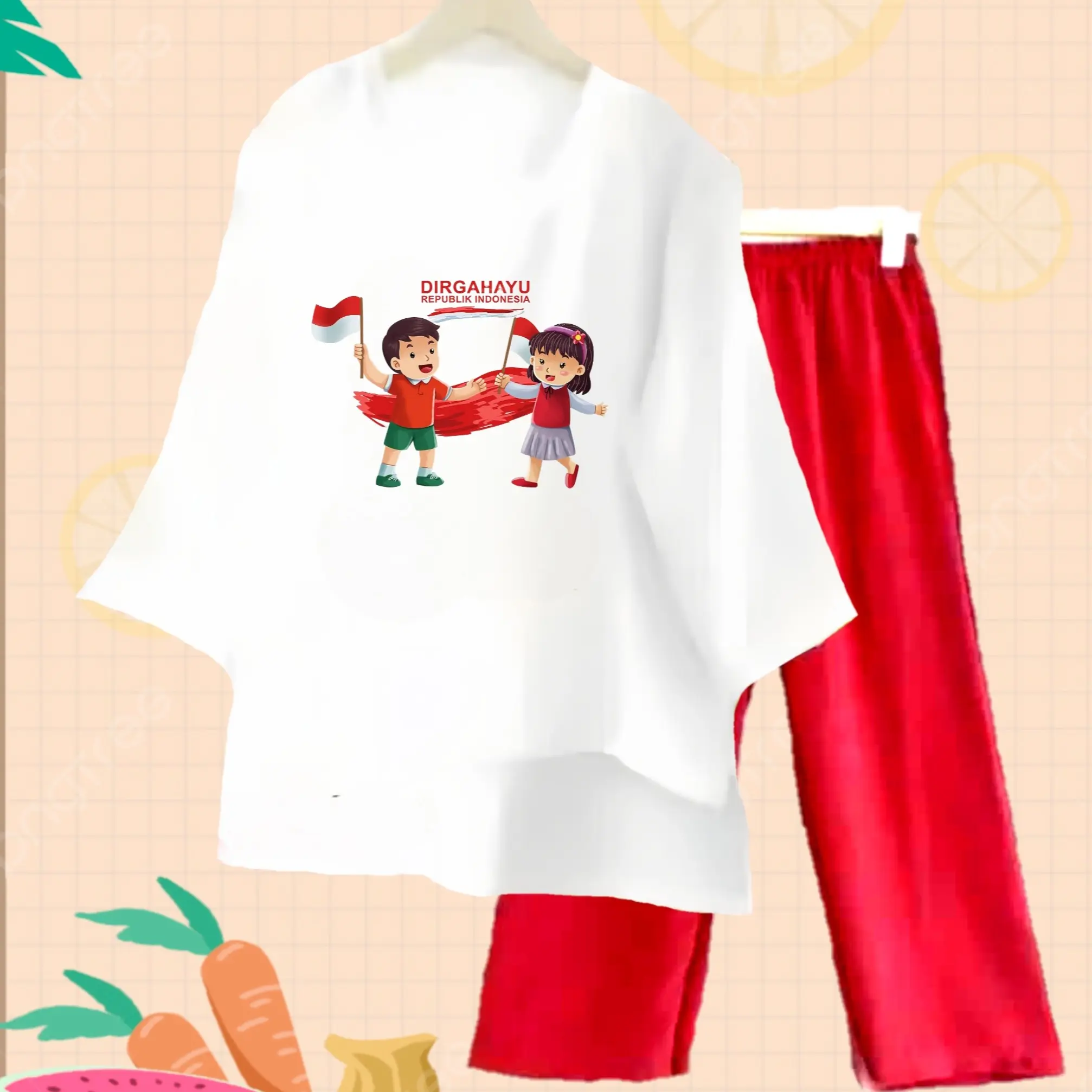 STELAN ANAK PEREMPUAN SPESIAL HUT RI 79 TAHUN BAJU AGUSTUSAN Lengan panjang Celana Pakaian Setelan Fashion