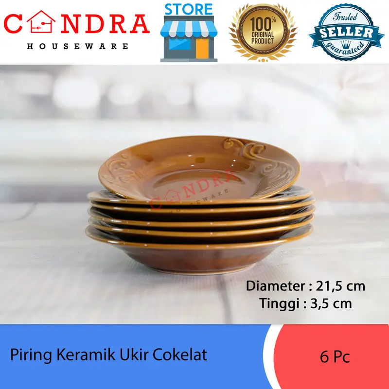1 Pc Piring Keramik Ukir Cokelat / Piring Makan 8 inch - 20 cm 2