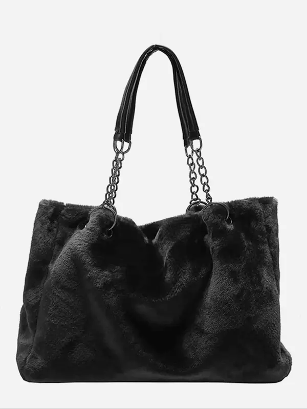 Women's Elegant Minimalist Fluffy Tote Bag, Casual Versatile Trendy Fuzzy Shoulder Bag with Chain Strap, 2025 New Tote Bag for Fall & Winter 0