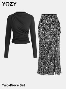 YOZY Mock Neck Top & All Over Print Split Thigh Skirt Set, Casual Fashion Cozy Long Sleeve Top & Tie Front Long Skirt, Fall&Winter Outfits
