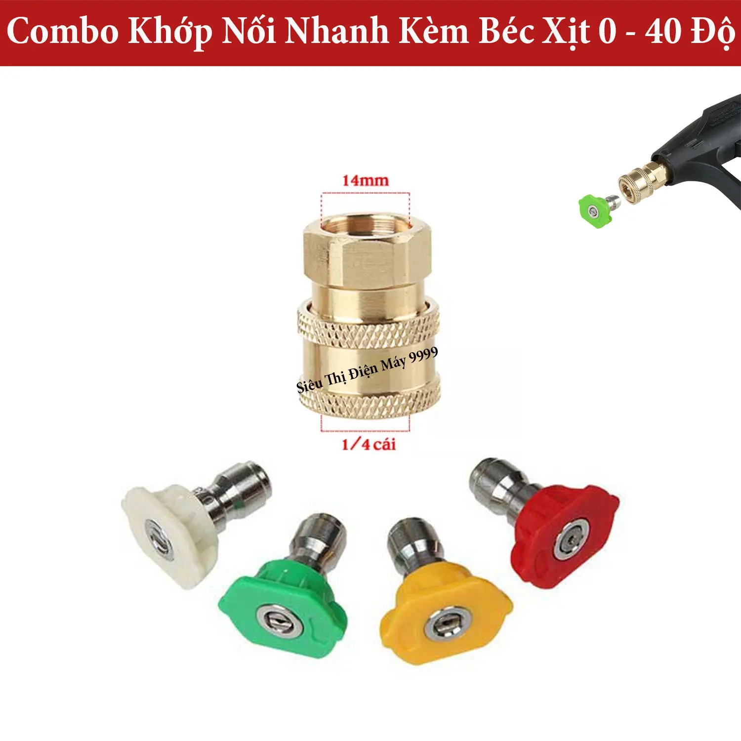 Béc xịt rửa xe, Béc phun rửa xe cao áp 1/4 kèm khớp cái nối nhanh 1/4 inch ren trong, phụ kiện máy rửa xe