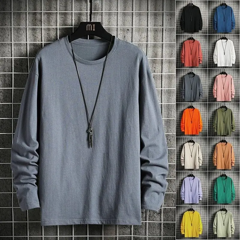 Men's long-sleeved T-shirt loose solid color casual round neck bottoming T-shirt men's long-sleeved T-shirt