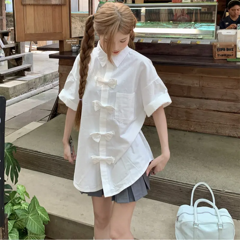 Áo sơ mi tay ngắn đính nơ ba chiều dành cho nữ, Áo sơ mi form rộng màu trơn mùa hè Top Women Xanh Trắng áo sơ mi nữ hottrend 4