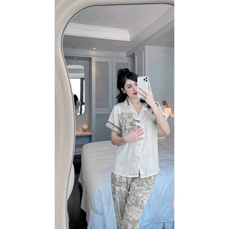 Pijama lụa tơ xước ánh kim cao cấp tay dài màu hồng kẹo ngọt chữ del - Pizama lụa tay dài Kim Tuyến 1