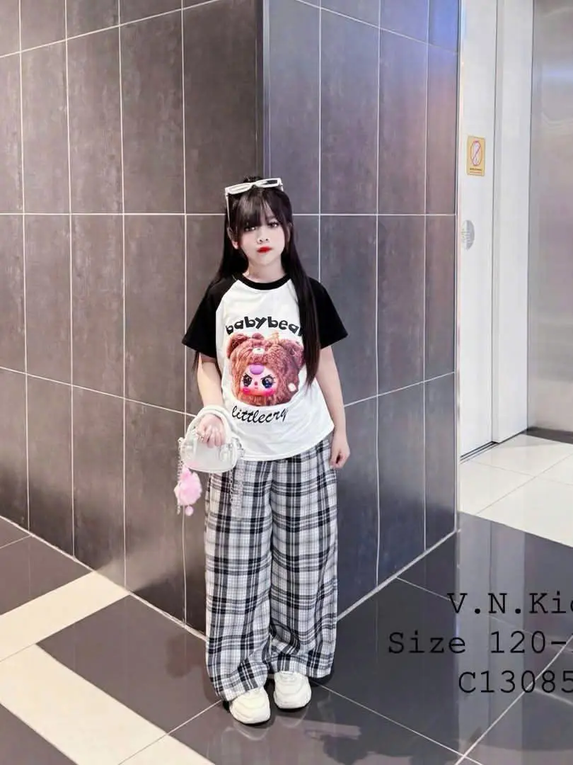 Set Bộ Áo và Quần Dài dành cho bé gái 3 màu đáng yêu, Áo in Hình BABYTHREE, Quần Dài kẻ sọc 3 màu, Set thời trang size 9-55Kg (mẹ và bé đều mặc được)