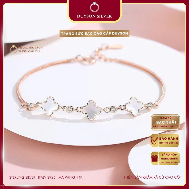 Vòng tay bạc Ý 925 Mạ vàng 14k cao cấp Duyson Silver, Lắc tay bạc cỏ 4 lá khảm xà cừ may mắn sang trọng LTXK36