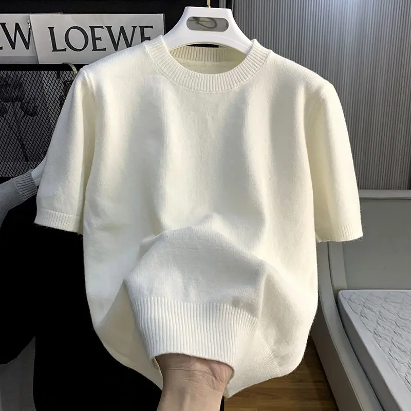 Áo Lớp Nền Dệt Kim, Màu Đen, Cổ Tròn, ngắn Tay, Dáng Rộng Vừa Vặn, Dành Cho Nam Giới, Mùa Thu Và Mùa Đông, Phong Cách Dễ Thương Và Gợi Cảm, Có Thể Mặc Bên Trong, Áo Len Ngắn Đi Lại Menswear