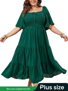 【Plus Size】 Solid Color Ruffle Trim Dress, Elegant Midi Dress for Party Holiday Wedding, Women's Clothes for Summer, Womenswear, Summer Dresses