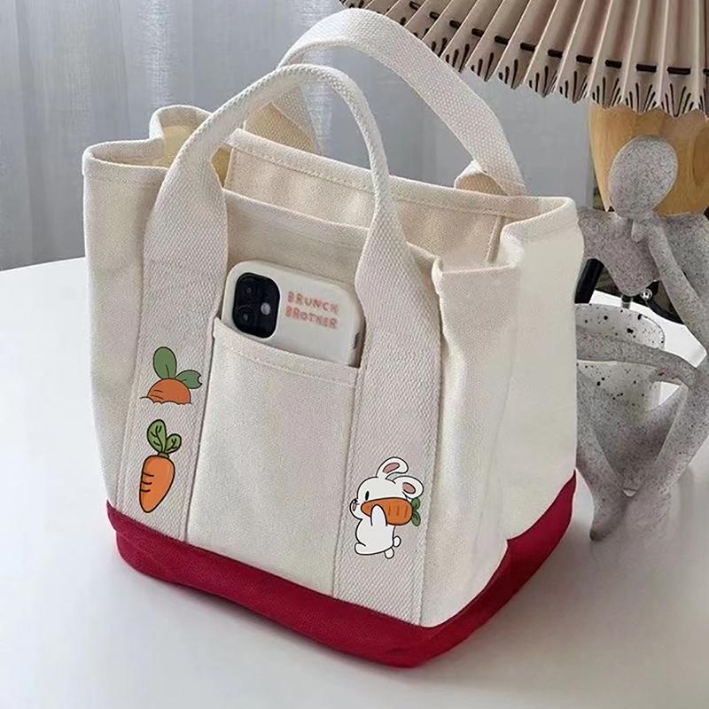 Product Introduction of 1PC Cartoon Rabbit Carrot Women Handbag Canvas Women's Tote Bag Portable Large Capacity Multi Pocket Lunch Bag 14