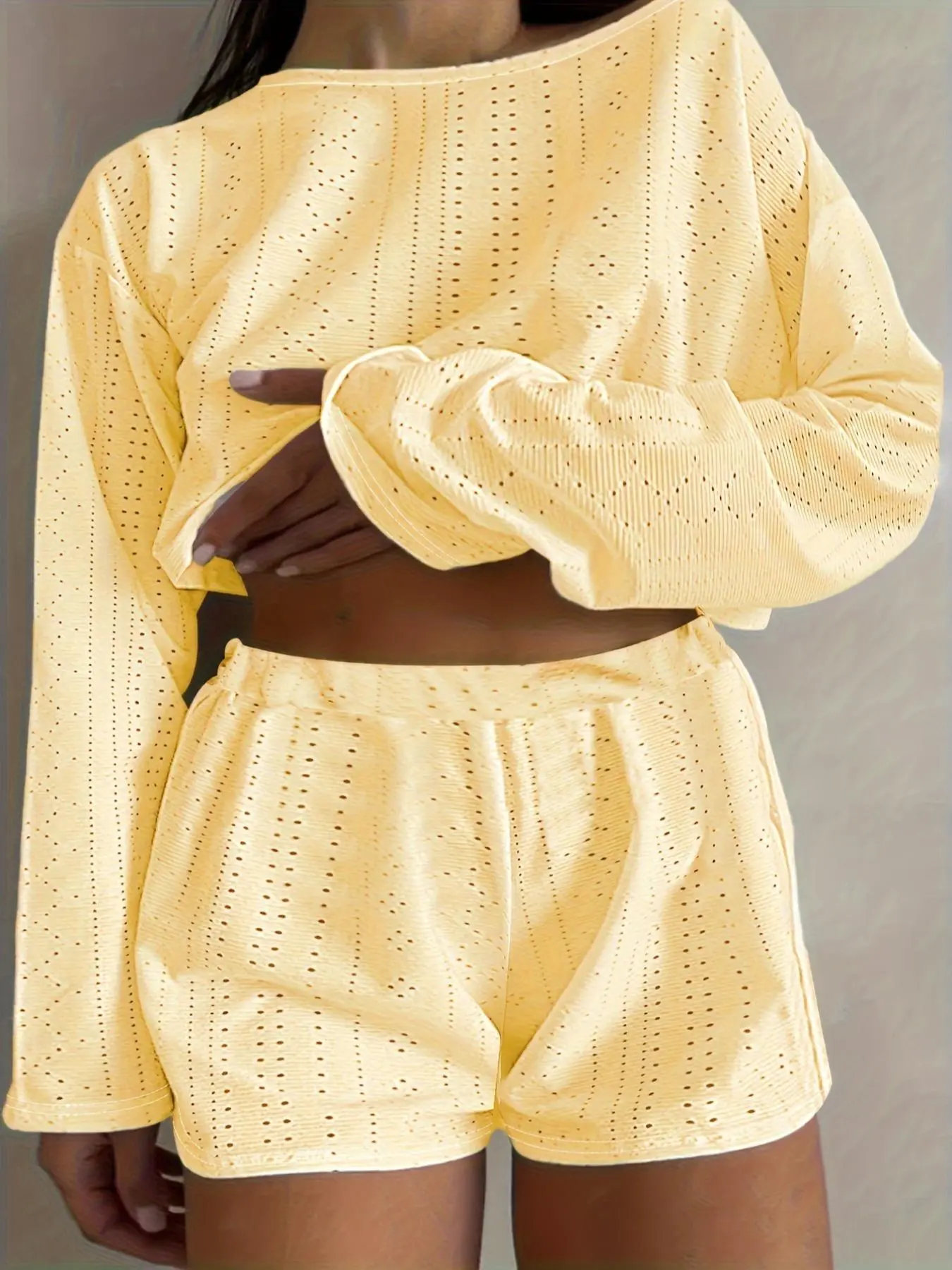 Plus Size Two-Piece Set Eyelet Embroidery Two-piece Set, Casual Long Sleeve Drop Shoulder Top & High Waist Shorts for Daily Wear, Women's Outfits for All Seasons