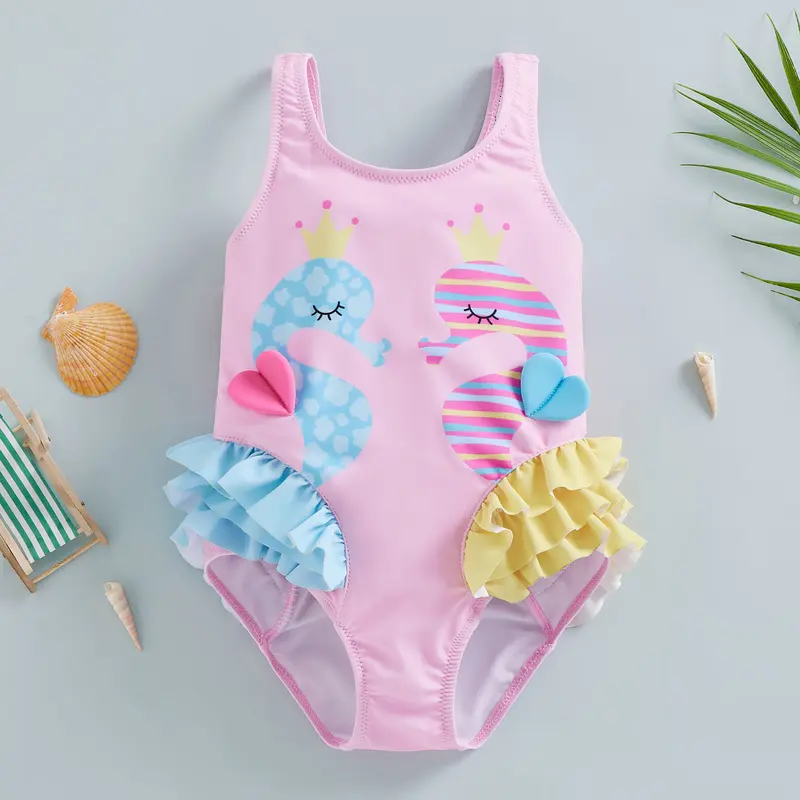 Đồ Bơi Bé Gái Đồ Bơi In Hình Cá Ngựa Hoạt Hình Đồ Bơi Không Tay Hở Lưng Đồ Đi Biển Đồ Bơi 3