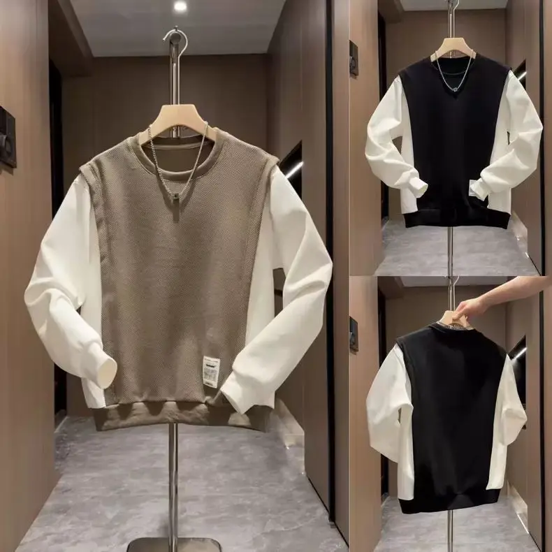 Áo Len Giả Hai Mảnh, Chất Lượng Cao, Thương Hiệu Hợp Xu Hướng Của Nam Giới, Dài Tay, Áo Sơ Mi Lớp Nền, Hàng Mới Về Mùa Thu 2024, Áo Chui Đầu Thường Ngày Cho Nam 0