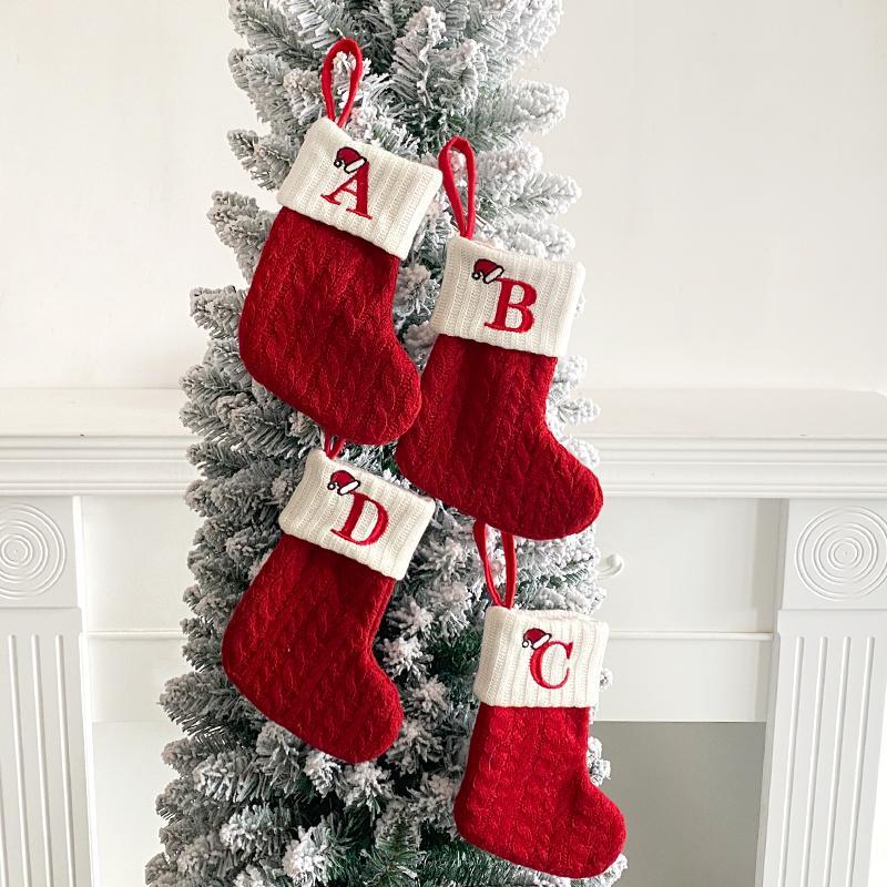 Product Introduction of Letter Snowflake Paw Pattern Christmas Decoration Stocking, 1 Count Knitted Candy Bag, Christmas Tree Hanging Ornament, Festive Party Supplies 4