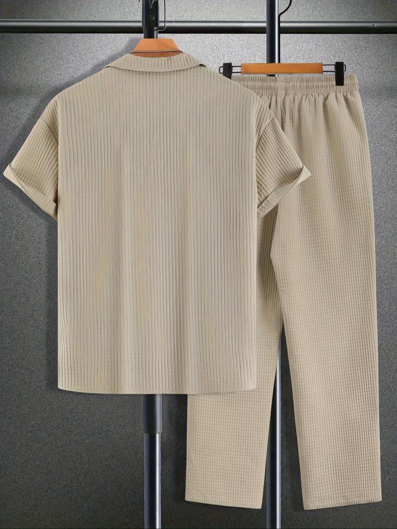 Product Introduction of Two-Piece Set Men's Plain Pocket Button Front Shirt & Drawstring Waist Pants Set, Regular Fit Casual Short Sleeve Lapel Neckline Top & Elastic Waist Trousers, Men Outfits for Summer 2