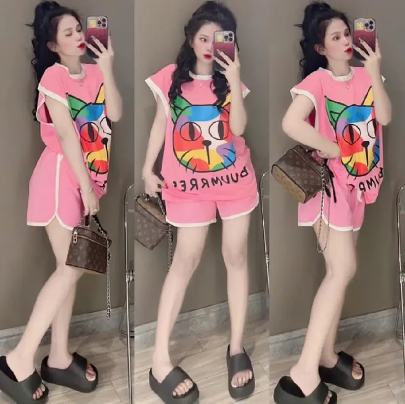 Set Bộ Đùi Nữ hình mèo Cute Form Rộng Chất Cotton, Bộ Cộc Tay co giãn 4 chiều Thấm Hút mồ hôi năng Động trẻ trung xinh Đẹp 3