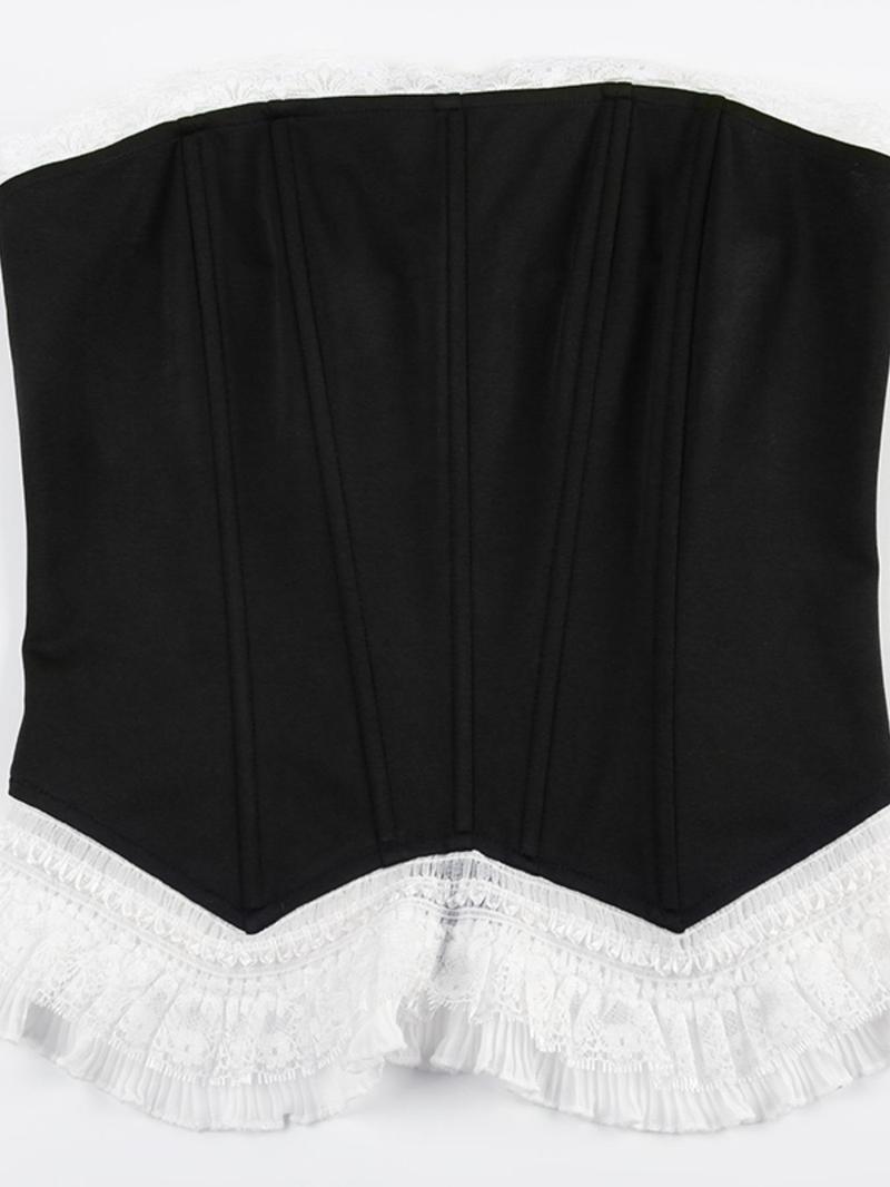 Product Introduction of Women's Contrast Lace Frill Trim  Zipper Back Crop Tube Top, Y2k Fashion Casual Strapless Bustier Top for Daily Outdoor Wear, Women Top Clothes for Summer 5