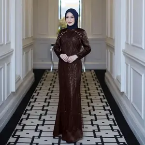 GD Luvita Dress Pelvet Mix Brukat Mewah Gamis Kondangan Terbaru Dress Pesta Muslimah Model Press Body Mahogany Burgundy Mewah Elegant Wudhu Friendly Variasi Payet Gaun Maxi Wanita Lebaran