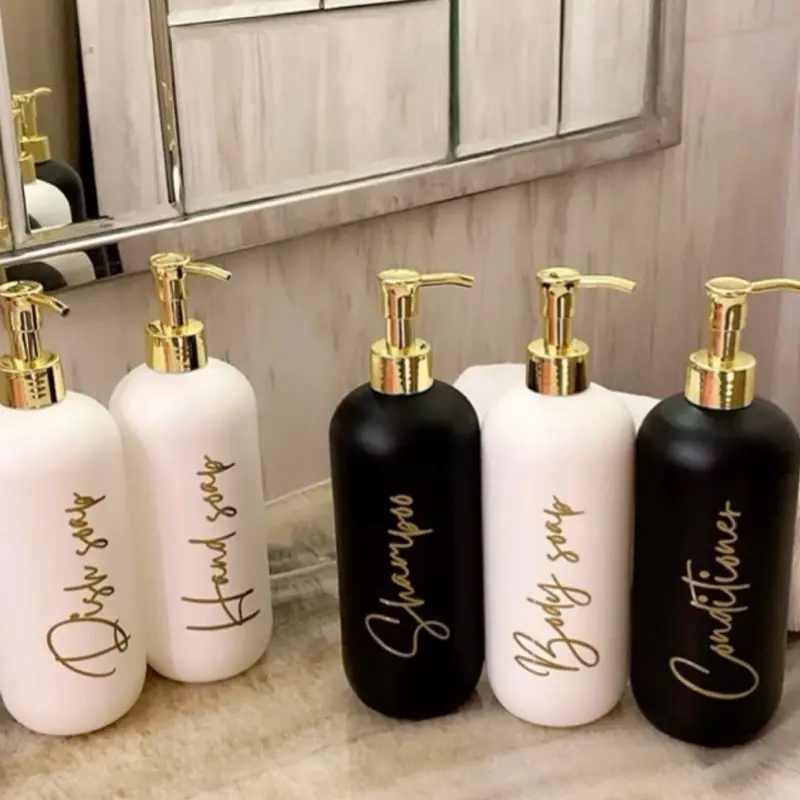 BOTOL TEMPAT SABUN CAIR SHAMPOO PUMP DISPENSER SABUN SHAMPO AESTHETIC 500ML GOLD LUXURY CUTTING STIKER REFILL 2