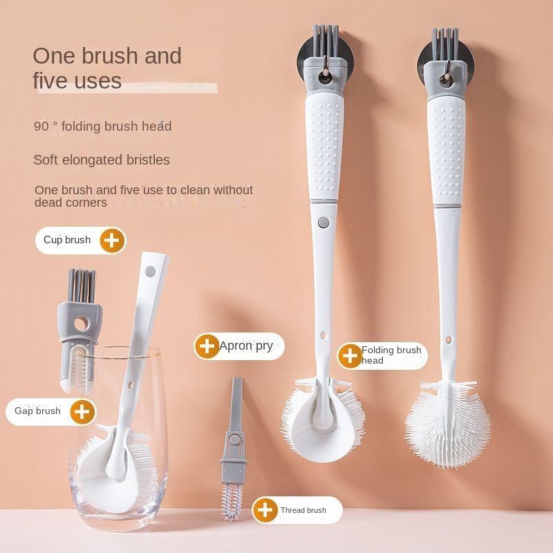 Long handled silicone bottle cleaning brush, five in one cup brush, foldable brush head with no dead corners, multifunctional cup cleaning brush 0