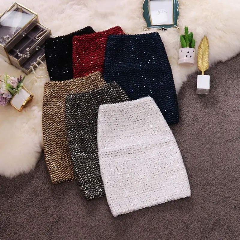 Váy sequin giảm béo dành cho phụ nữ, váy ngắn sequin đen trắng đỏ chuyên nghiệp, phong cách Hàn Quốc mới, cỡ lớn, eo đàn hồi, Màu bạc vàng, còn hàng, 05319