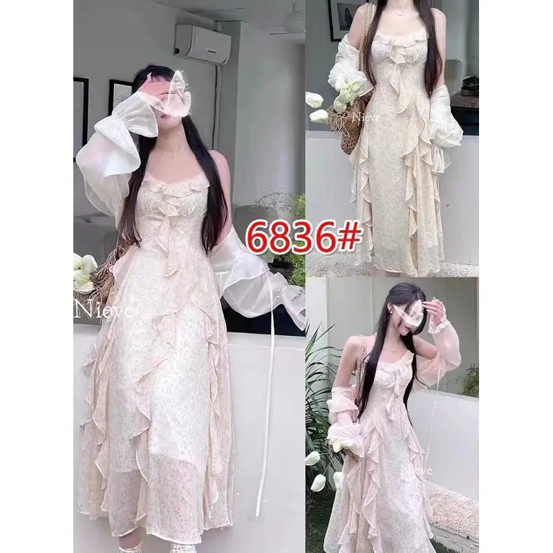 Gaun premium 9937 sifon setali korean style vintage plus outer Bunga baju pantai 0