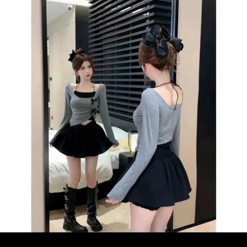 sét áo trễ vai tay dài cổ yếm phối nơ 0
