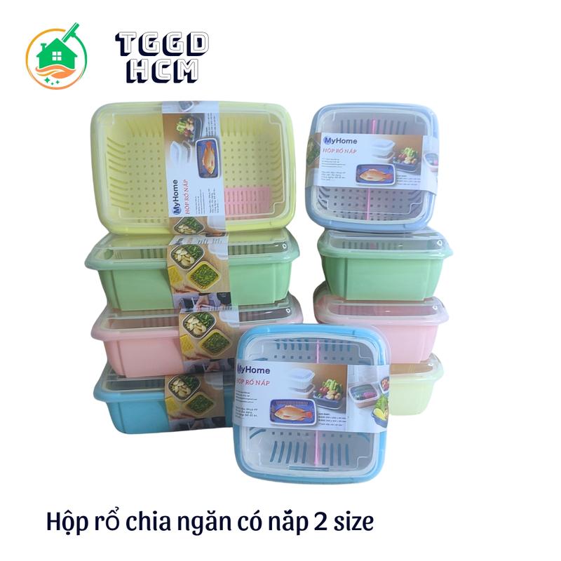 Bộ thau rổ có nắp đậy và miếng chia ngăn tiện lợi rửa rau quả đựng thực phẩm tủ lạnh 2 size tiện lợi