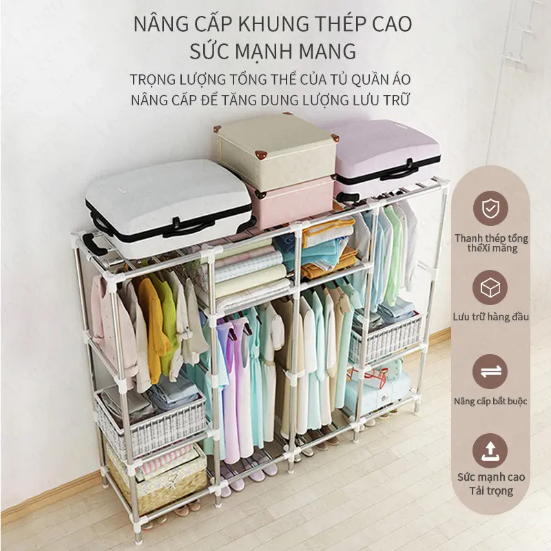 【Free Shipping】Tủ quần áo  20MM kích thước lớn bằng vải canvas CHỐT NỐI NHỰA và kim loại khung thép siêu to chịu lực 500 kg tudung  quanao 2