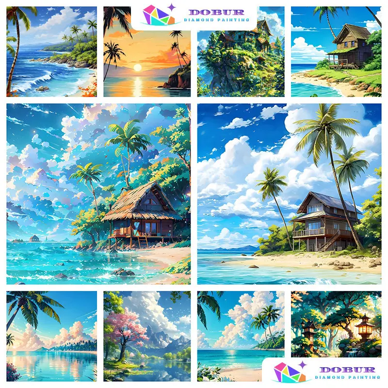 DOBUR | Set Lukisan Berlian,   Pemandangan Pantai Cerah 5D DIY Bulat / Segi Empat Kanvas Gerudi Penuh dengan Nombor Kraf Hadiah, Hiasan Dinding Rumah