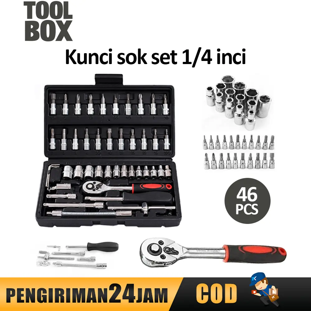 TOOLBOX Kunci SOK 46 PC Set Socket (1/4 ") Full Lengkap Socket Tool Kit Pas Ring L Motor Mobil