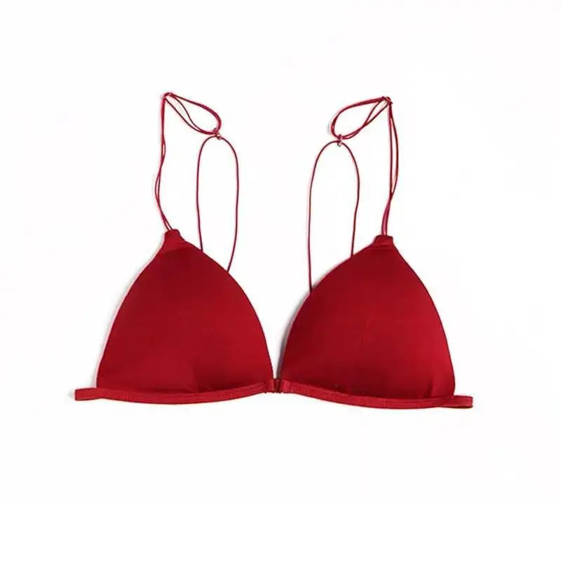 New French rimless triangle cup girl sexy red underwear thin strap back front buckle bra