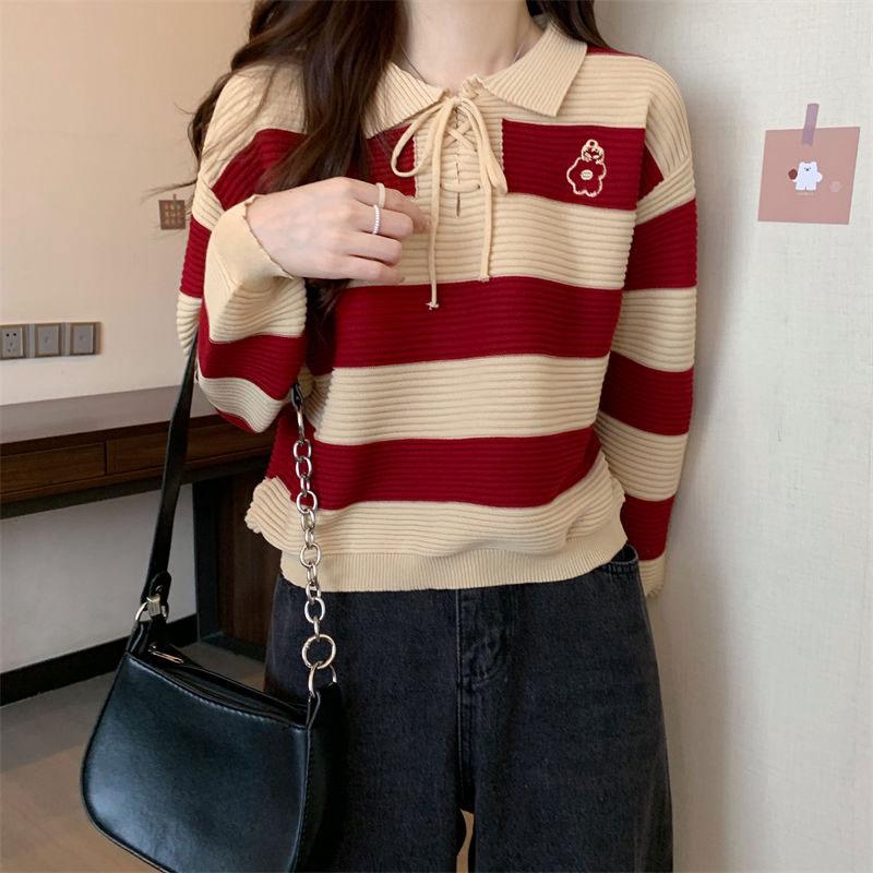 💥[A096] Áo len thun nữ Montoghi hàng dệt kim cổ áo POLO kẻ sọc retro có DÂY RÚT CỔ và LOGO HOA đơn giản trẻ trung - L2M (Top nữ Women Nhung ) 【 hoa hồng 】 3