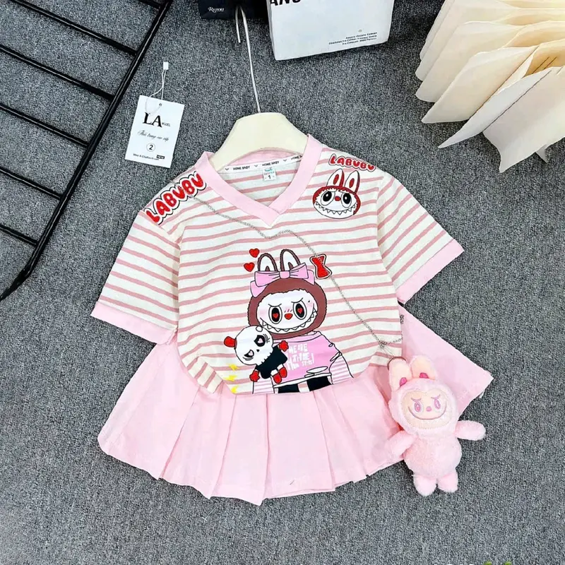 Sét bộ chân váy xếp ly cổ tim Labubu cho bé gái size 7-41 kg Mẫu L1 - Chất liệu Cotton mềm mại (có lót trong) 2