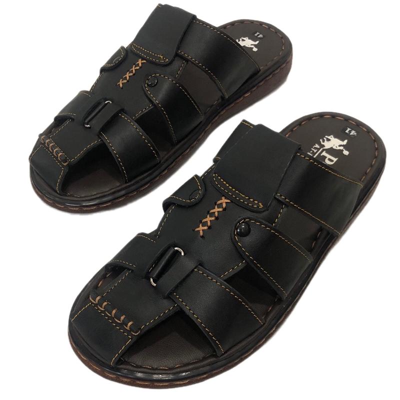 Dép da nam kiểu bít mũi, 100% da bò, đế may viền chắc chắn chống trơn trượt phù hợp mọi lứa tuổi thiết kế dễ phối đồ, màu đen, mã 012