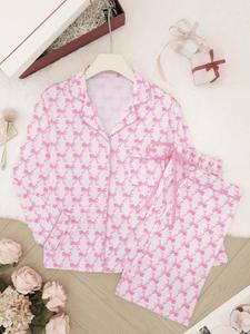 Women's All Over Print Lapel Neck Pocket Crop Blouse & Pants Pyjama Set, Casual Comfy Long Sleeve Top & Trousers PJ Set, Ladies Sleepwear for All Seasons