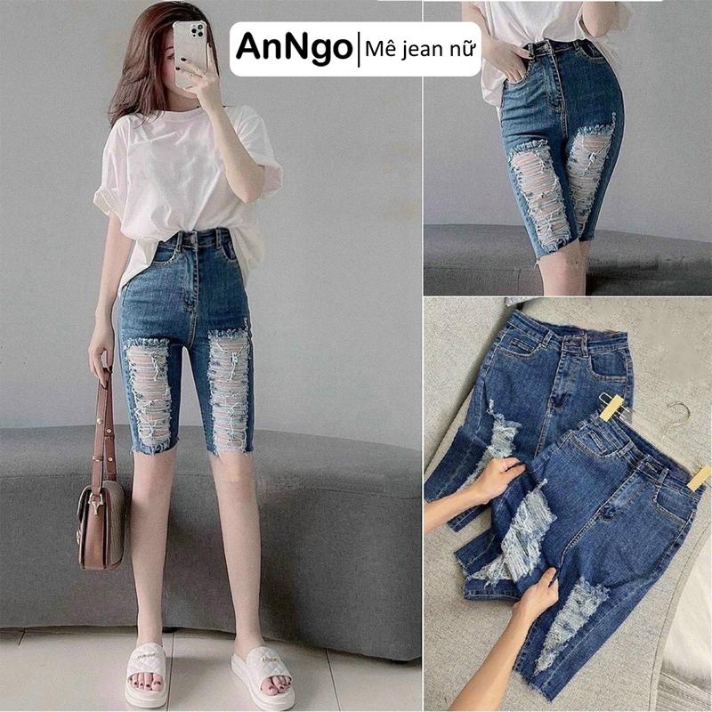 Quần jean ngố nữ co giãn rách gối, form quần jean lửng ôm sát bền đẹp Anngo - AT183