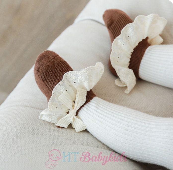 Tất Cho Bé Gái Thêu Rên 100% Len Cotton Chống Trơn Trượt Hàng Xuất Nhật Tất Trẻ Em Từ 0- 12 Tuổi 3