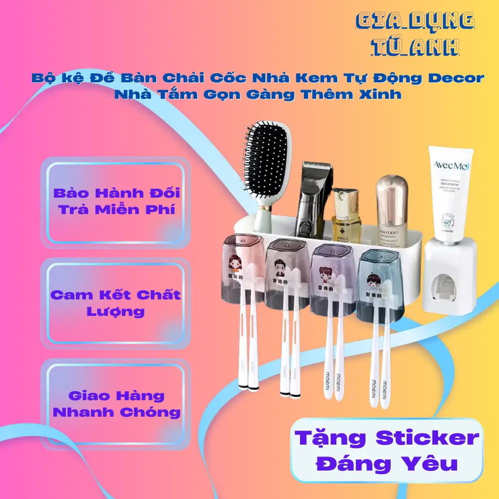 [Tặng Kèm 4 Cốc] Bộ Nhả Kem Đánh Răng Tự Động Thông Minh, Bộ Nhả Kem Dán Tường Tặng Kèm Miếng Dán Stickker Đựng Bàn Chải Nhà Tắm Đựng Bàn Chải Nhà Tắm