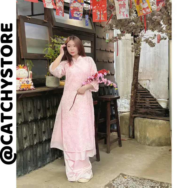 Áo Dài Cách Tân Nữ Lông Vũ Buộc Nơ Cách Điệu Kèm Quần Lụa Trơn Xinh Xắn Nhiều Màu CATCHYstore Áo Dài Mặc Tết Cho Nữ Phối Quần Lụa Women Dress Kem Đỏ Hồng Sen aodai  dang suong 5