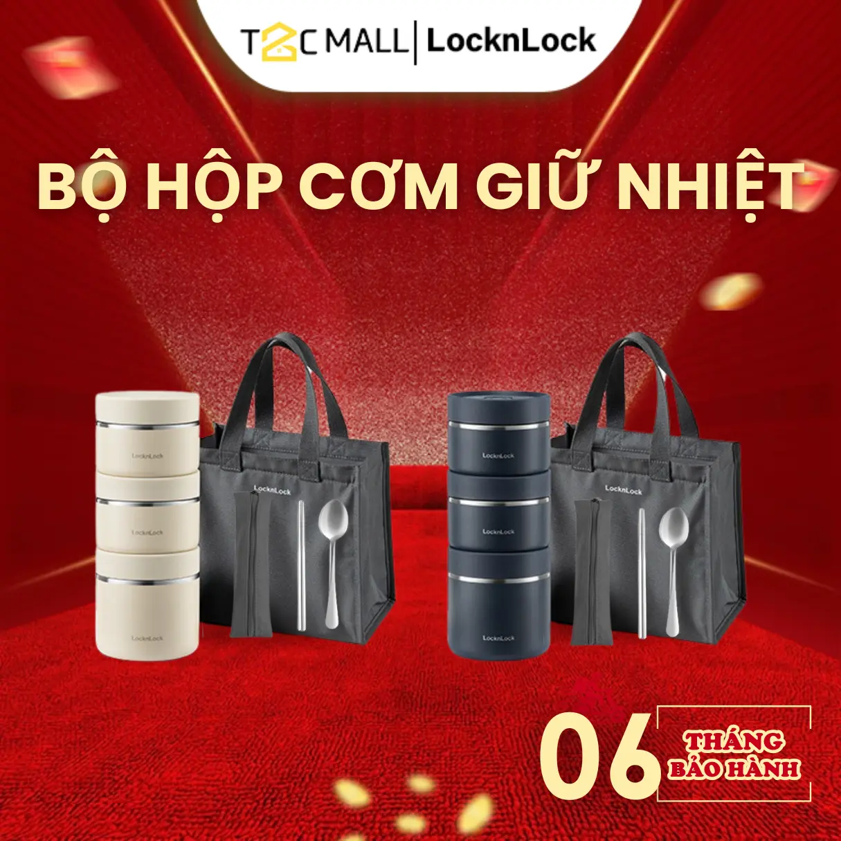 (Kèm Thìa Đũa Inox Và Túi Đựng Giữ Nhiệt) Bộ Hộp Cơm Giữ Nhiệt Văn Phòng LocknLock Thép không gỉ SUS304 3 Ngăn Đều Giữ Nhiệt dung tích 1100ml (300ml*2, 500ml*1) LHC8052S02 Hàng Chính Hãng T2Cmall hộp  cơm