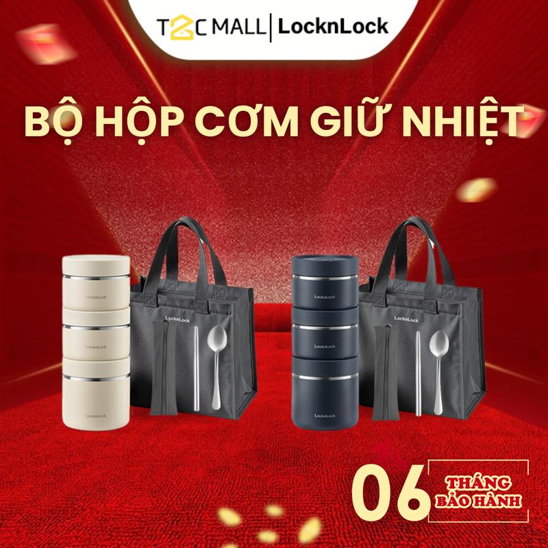 (Kèm Thìa Đũa Inox Và Túi Đựng Giữ Nhiệt) Bộ Hộp Cơm Giữ Nhiệt Văn Phòng LocknLock Thép không gỉ SUS304 3 Ngăn Đều Giữ Nhiệt dung tích 1100ml (300ml*2, 500ml*1) LHC8052S02 Hàng Chính Hãng T2Cmall hộp cơm