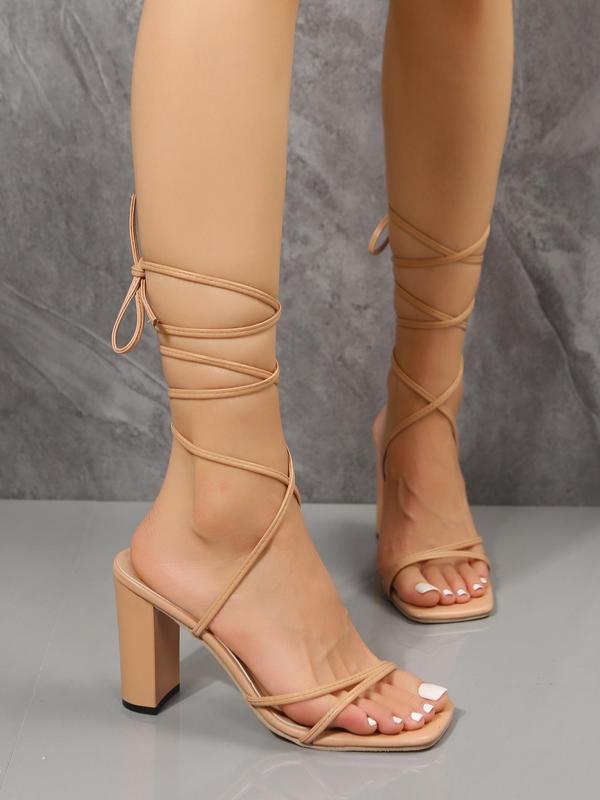 Women's Fashionable Strappy Detail High Heel Sandals, Casual Versatile Square Toe Lace-up Heeled Sandals for Summer, Lightweight Breathable Comfortable Shoes for Daily Wear 7