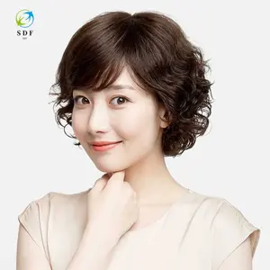 Wig untuk wanita dengan rambut pendek, perm bunga pir, rambut asli, tutup kepala lengkap untuk ibu dengan rambut pendek keriting, wanita paruh baya dan lanjut usia